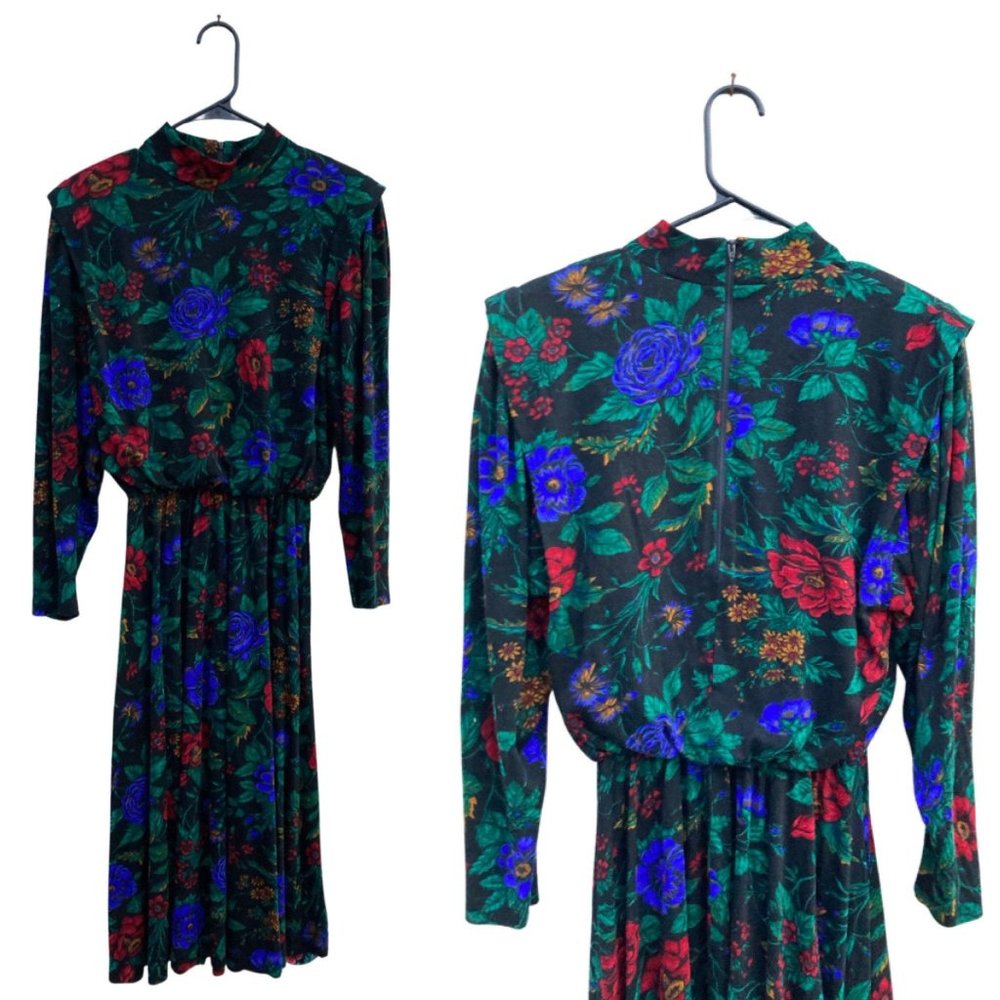Medium  | Large | 8 | 10 | Vintage 80's Soft Jewel tone floral Secretary dress